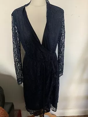 Lace Dressing Gown Size 12 - 14 Navy Blue Cross Over Classic Robe Wedding  • £12