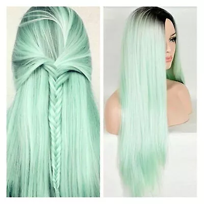 28'' Synthetic Hair Wig Long Straight Lace Front Wigs Heat Safe Ombre Mint Green • $18.99