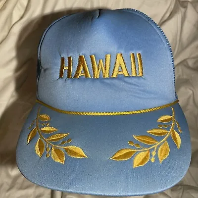 Vintage 70s 80s Hawaii SOUVENIR Snapback Rope Mesh Trucker Hat Gold Leaf Blue • $11.73