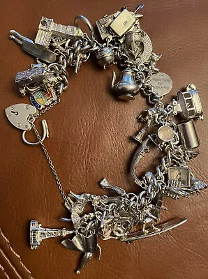 £120 • Buy Vintage Silver Charm Bracelet With 34 Charms