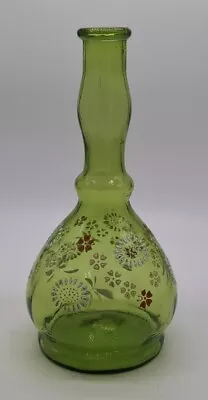 Antique Citron Green Glass Pontiled Barber Bottle With Enameled Flowers Pontil • $39.99