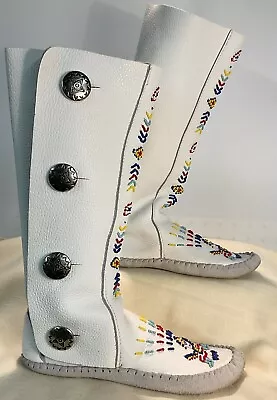 Vintage 1970's TAOS White Leather Beaded Knee High Moccasin Boots Women Sz 8 • $150