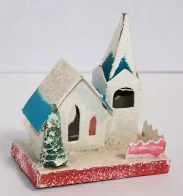 Vintage Putz Paperboard Mica Christmas Village Building Blue & White Church • $14.99