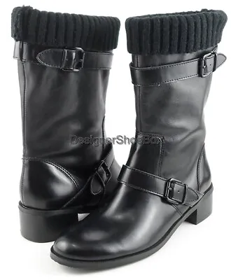 $139 ELLEN TRACY TEDDY Black Leather Knit Trim Designer Mid Calf Boots 5.5 • $39.99