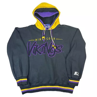 Vintage 90s Starter Minnesota Vikings Hoodie Sweatshirt Beads Double Hoodie Sz M • $49.88