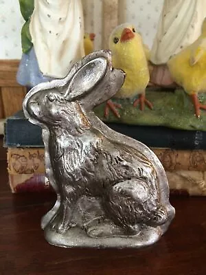 Primitive Vtg Tin Style FAUX Easter Bunny Rabbit Silver Resin Chocolate Mold • $14.95