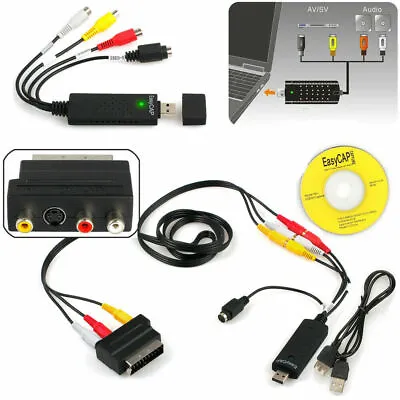 USB 2.0 Video VHS To DVD VCR Converter + Scart RCA Cable Adapter Capture Device • £9.99