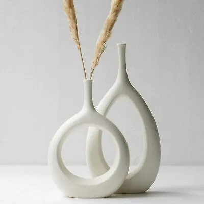 Ceramic Vase Modern Bud White Decor Sculpture Mid Century Abstract Design Set 2 • $59.99