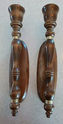 Vintage Pair Of Wooden Wall Hanging Sconces Candle Holders MCM Retro Gold Metal  • £25.05