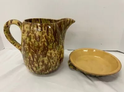 Rare Morton Pottery Spatterware Green & Brown Stoneware Ceramic Pitcher W/dish • $199.99