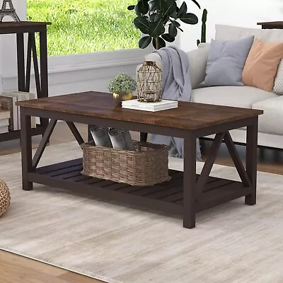Farmhouse Coffee Table Rustic Vintage Living Room Table With Shelf 40 Espresso • $204.40