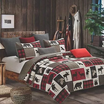 Rustic Bear Cabin Lodge Life Queen Full Quilt Set Red Buffalo Check Plaid Black  • $68
