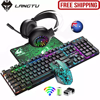 Recharge Wireless Gaming Keyboard And Mouse Headset Set Rainbow Backlit For PC • $77.32