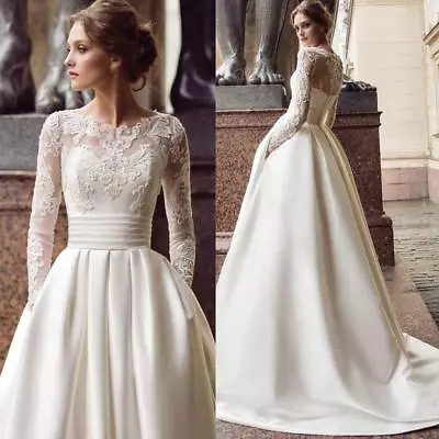 Vintage Long Sleeve Wedding Dresses Boat Neck Appliques Lace Satin Bridal Gown • $141.74