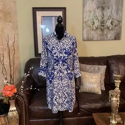 CABI NWOT Long Sleeve Blue Mixed Prints Button Down Shirt Dress S • $40