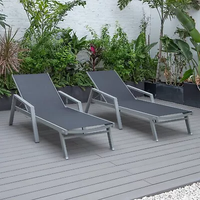 LeisureMod Marlin Patio Chaise Lounge Arm Chair Grey Aluminum Frame Set Of 2 • $766