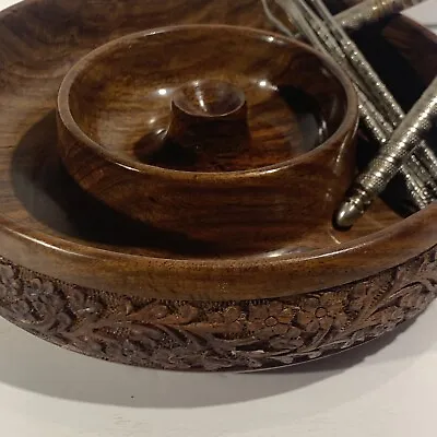 $59.76 • Buy Vintage Rosewood Wood Nut Dish Bowl~Hand Carved Round 8” + Nutcracker Set~Gift