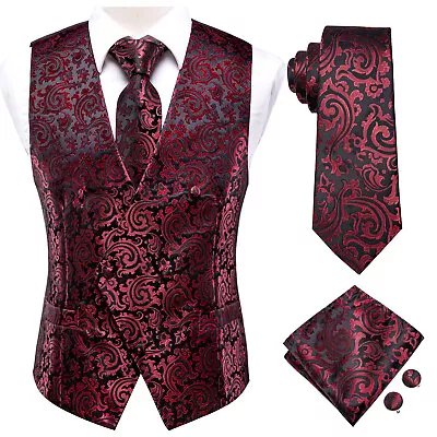 Formal Casual Vest Tie Set Mens Silk Waistcoat Tuxedo Gilet Hankie Cufflinks • $18.17