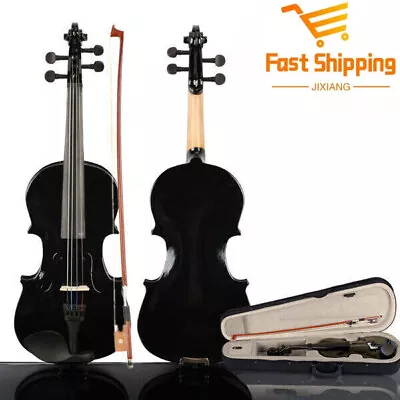 New 3/4 Acoustic Violin Set Case+Bow+Rosin Basswood Black Fast Shipping • $62.59