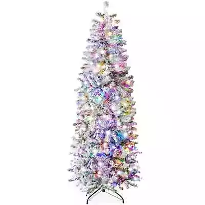 6 Foot Pre-Lit Snow Flocked Artificial Pencil Christmas Tree W/ Multicolor Light • $41.99