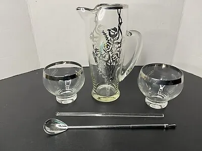Vintage Silver Overlay Cocktail Pitcher W/ Stir Stick Mixing Spoon & 4 Glasses • $20