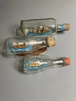 Handmade Vintage Ship (s) In A Bottle Lot Of 3. Not Kits Or Models. • $92
