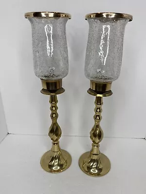 Vintage Brass Candlesticks Holder Crackle Shade Chimney Taper Pair 17” Tall • $45.99