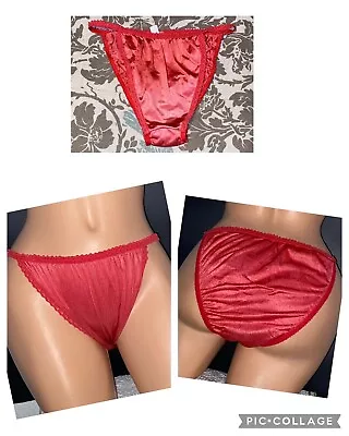 Vintage Illusion Satin Lingerie 6 M Nylon String Bikini Panties Underwear Coral • $39.90