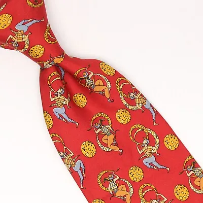 Salvatore Ferragamo Mens Silk Necktie Red Gold Dancing Man Print Made In Italy • $58.44