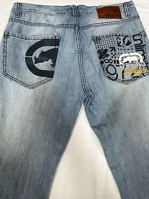 Ecko Unlimited Jeans Men's 36x32 Blue Light Wash Straight Leg RARE Distressed ME • $69.99