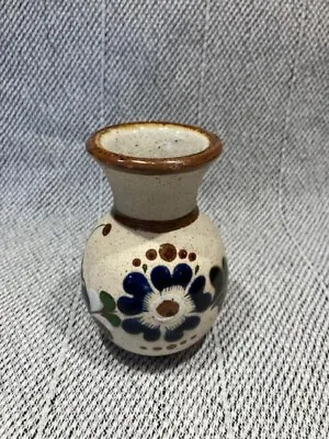 Tonala Bud Vase Pottery Hand Painted Blue Floral Folk Art Signed Mexico  4” • $12