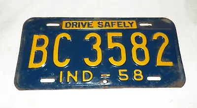 Vintage   1958 Indiana License Plate BC 3582 DRIVE SAFELY IN - 58 • $15