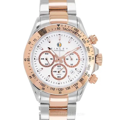 KINLEY Racing Series Mens Chronograph Watch White Dial Two-Tone Rose Gold Steel • $46.80