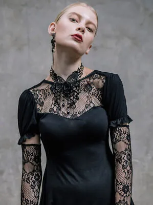 Fashion Goth T-Shirt Tops Women Steampunk Visual Kei Lace Black Tee With Sleeve • $42.71