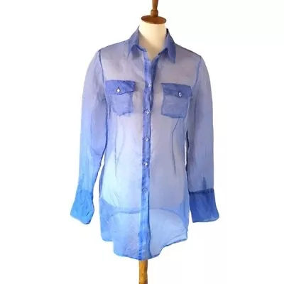 Isabel Vintage Blue Silk Sheer Button-down Long Sleeve Blouse • $129