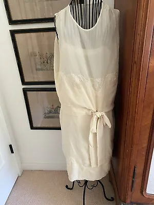 Vintage 1920s Dress Silk Chiffon Embroidered Gathering Sash Dropped Waist • $34