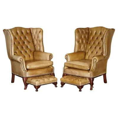 Pair Of Vintage Tan Brown Leather Chesterfield Wingback Chairs With Footstools • $8570.39