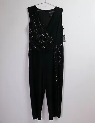 Alexa B Nites Womens Jumpsuit Size 14W Black Faux Wrap Sequence V Neck New • $25.98