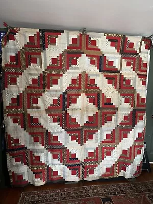 Lg Graphic Colorful Hand Stitched Log Cabin Quilt Top Calico Prints 84  Sq • $199.99