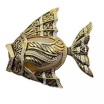 Vintage Brooch Damascene Fish Goldfish Spain Faux Pearl Cabochon 1-5/8  • $13.49