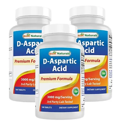 3 Pack Best Naturals D Aspartic Acid (DAA) 3000mg Per Serving 180 Tablets • $44.82