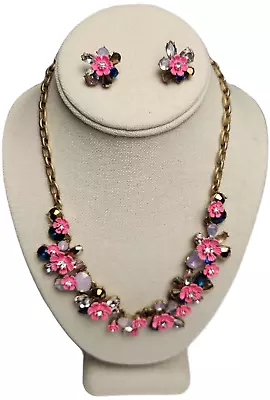 J CREW Posy Pink Blue Multi Floral Flowers Necklace Earrings Parure Rhinestones  • $38.97