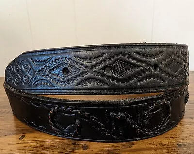 Vintage Mexico Made WESTERN Buckle Belt  Black Leather TOOLED Cowboy FULL GRAIN • $19.99