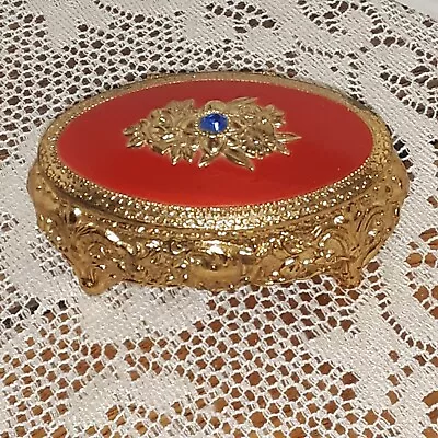 Vintage Jewelry Casket Trinket Box Gold Tone Red Enameled Lid 3.5  JAPAN  • $10.99
