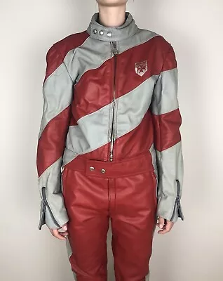 Vintage Harro 80's Women's 2 Piece Biker Leather Motorcycle Suit Red Gray (48) • $350