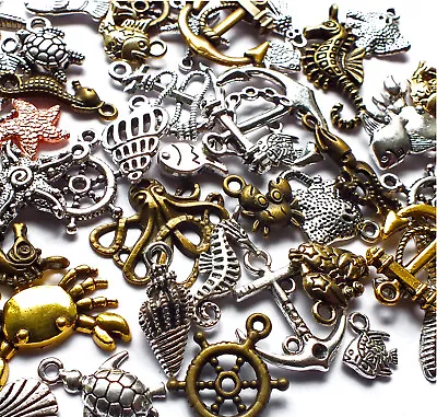 50 Mixed Good Quality Nautical Charms Sea Creature Fish Anchor Crab Wheel Beach • £5.99