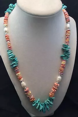 Beautiful Sterling Silver Turquoise Pearl & Pectin Shell Beaded Necklace 21” • $72.25