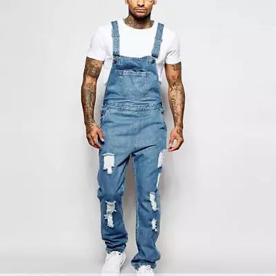 Mens Ripped Denim Overalls Slim Fit Jeans Dungaree Bib Jumpsuit Comfy Long Pants • $43.49