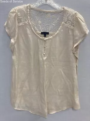 Mine Beige Cap Sleeve Round Neck Lace Sheer Top Womens L • $18.88