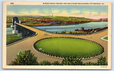 Postcard McKees Rocks Bridge And Ohio River Boulevard Pittsburgh PA Linen J142 • $3.29